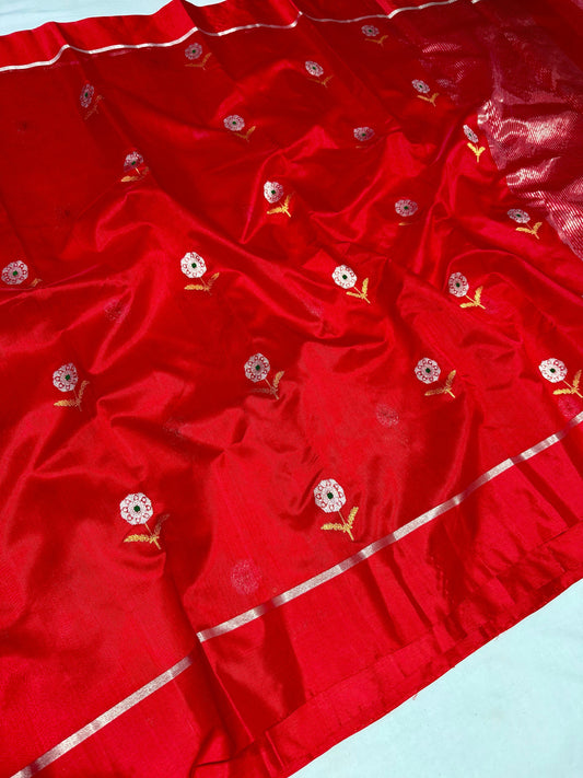 Scarlet Pure Silk Chanderi Saree neatly folded with Silver Border