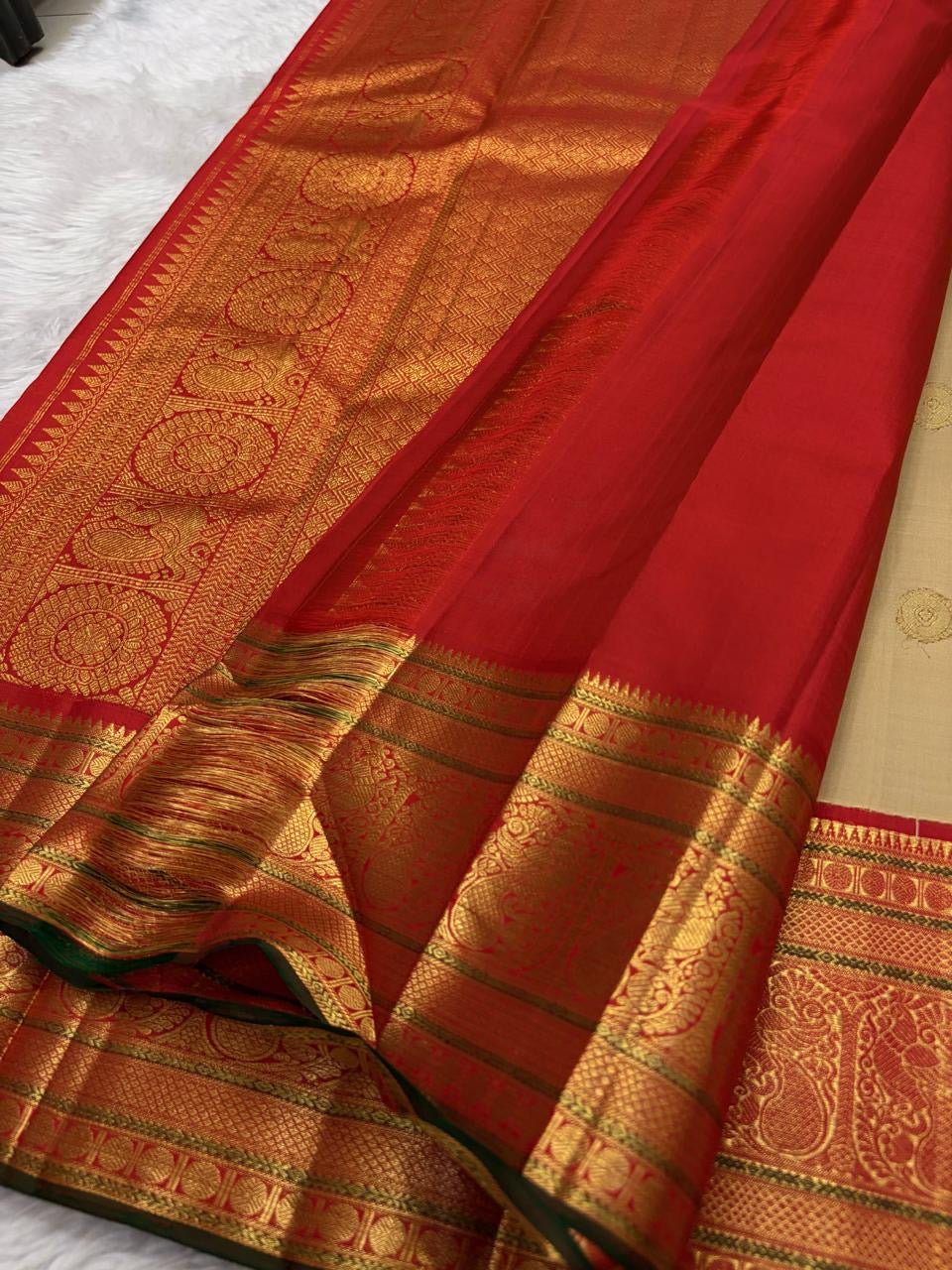Warm Beige and Deep Vermillion Handwoven Pure Silk Kanchipattu Saree with Varisaipet Sorgavaasal Mayil Border