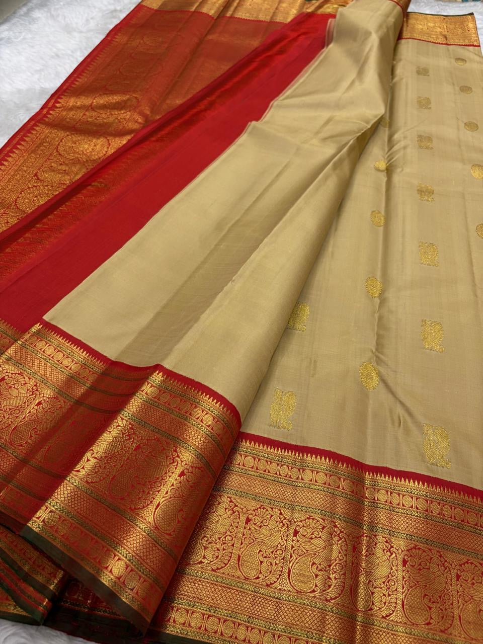 Warm Beige and Deep Vermillion Handwoven Pure Silk Kanchipattu Saree with Varisaipet Sorgavaasal Mayil Border