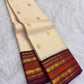 Warm-ivory pure silk Kanjivaram Korvai saree with Arakku red border, full drape — Idam Living