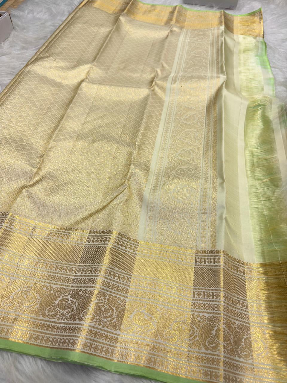 Detailed Warm Ivory Kanchipuram pallu with dense metallic zari geometry, ornamental registers and Mint Green finish.