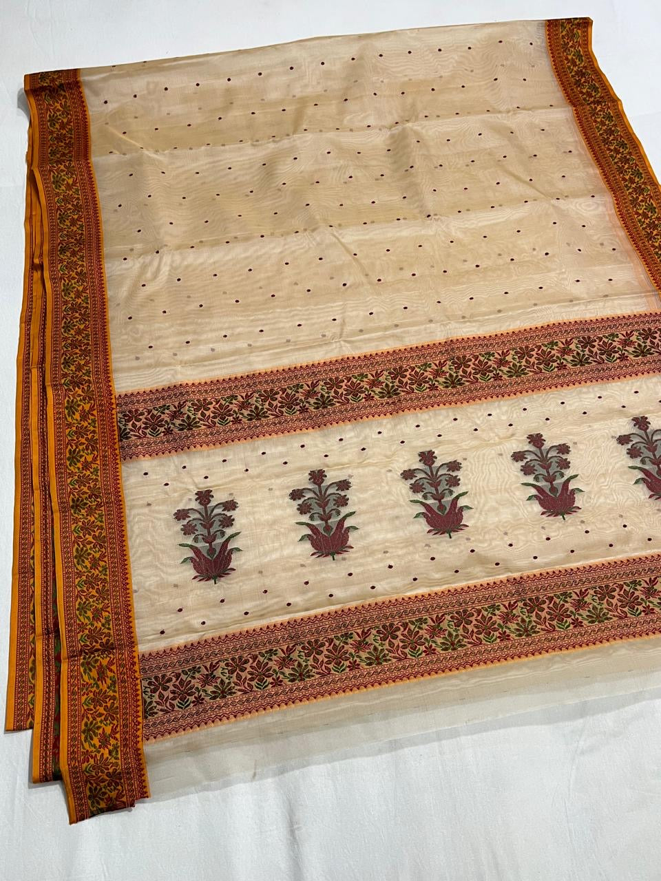 Warm Ivory Handwoven Chanderi Saree in Katan Silk with Maroon Floral Border