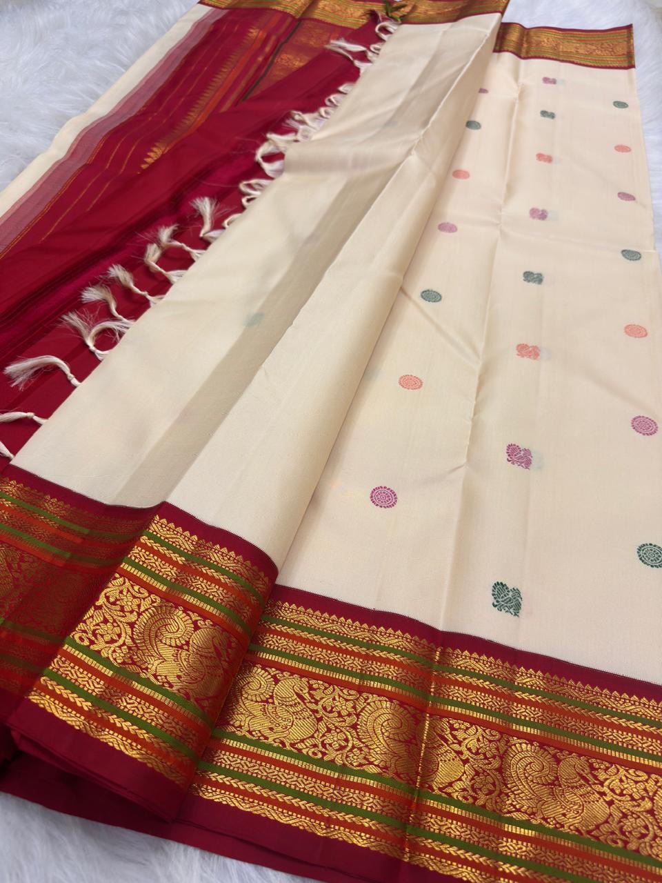 Warm Ivory Handwoven Pure Silk Kanchipuram Saree with Deep Crimson Varisaipet Border