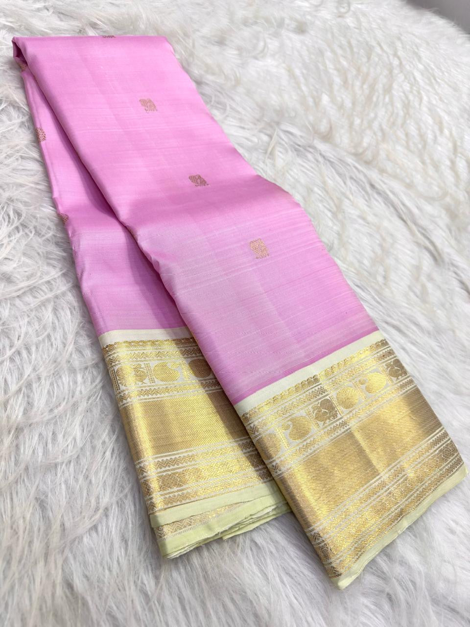 Warm Ivory gold zari pallu on Rose Pink Pure Silk Kanchipuram Korvai saree