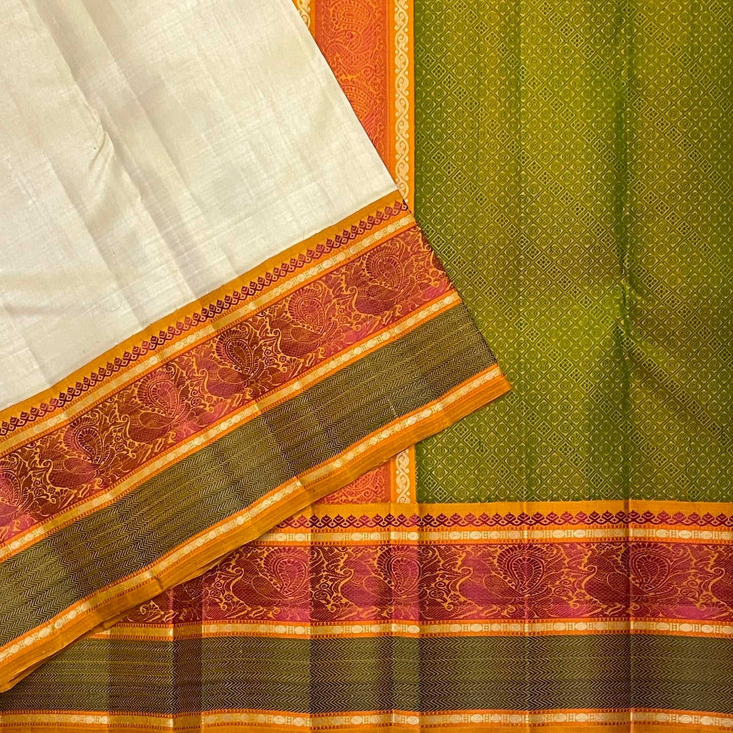 Warm ivory handwoven pure silk Kanjivaram Pattupet saree with no-zari silk thread border, styled view