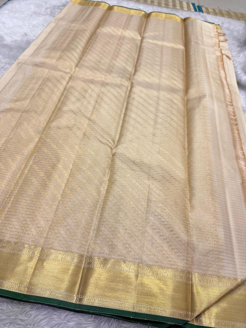 Warm Ivory Kanchi Pattu silk saree draped, full length view — Idam Living