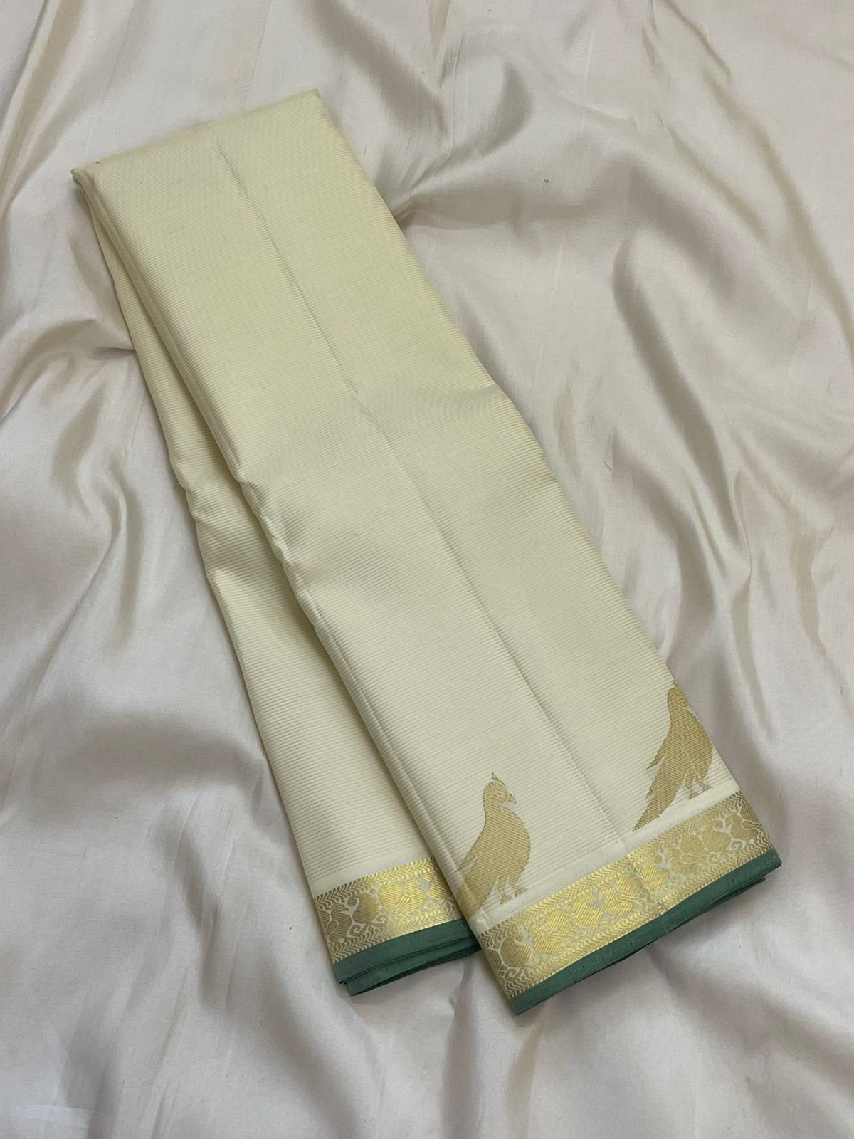 Warm Ivory Kanjipuram silk saree draped, full length view — Idam Living