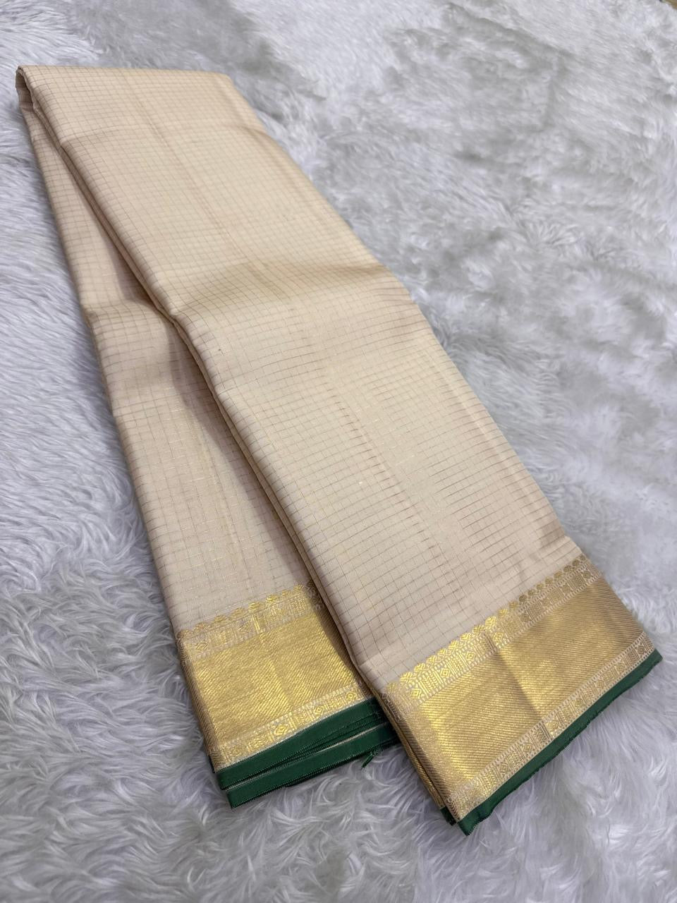 Warm Ivory Kanchi Pattu silk saree, Zari Kattam grid close-up — Idam Living