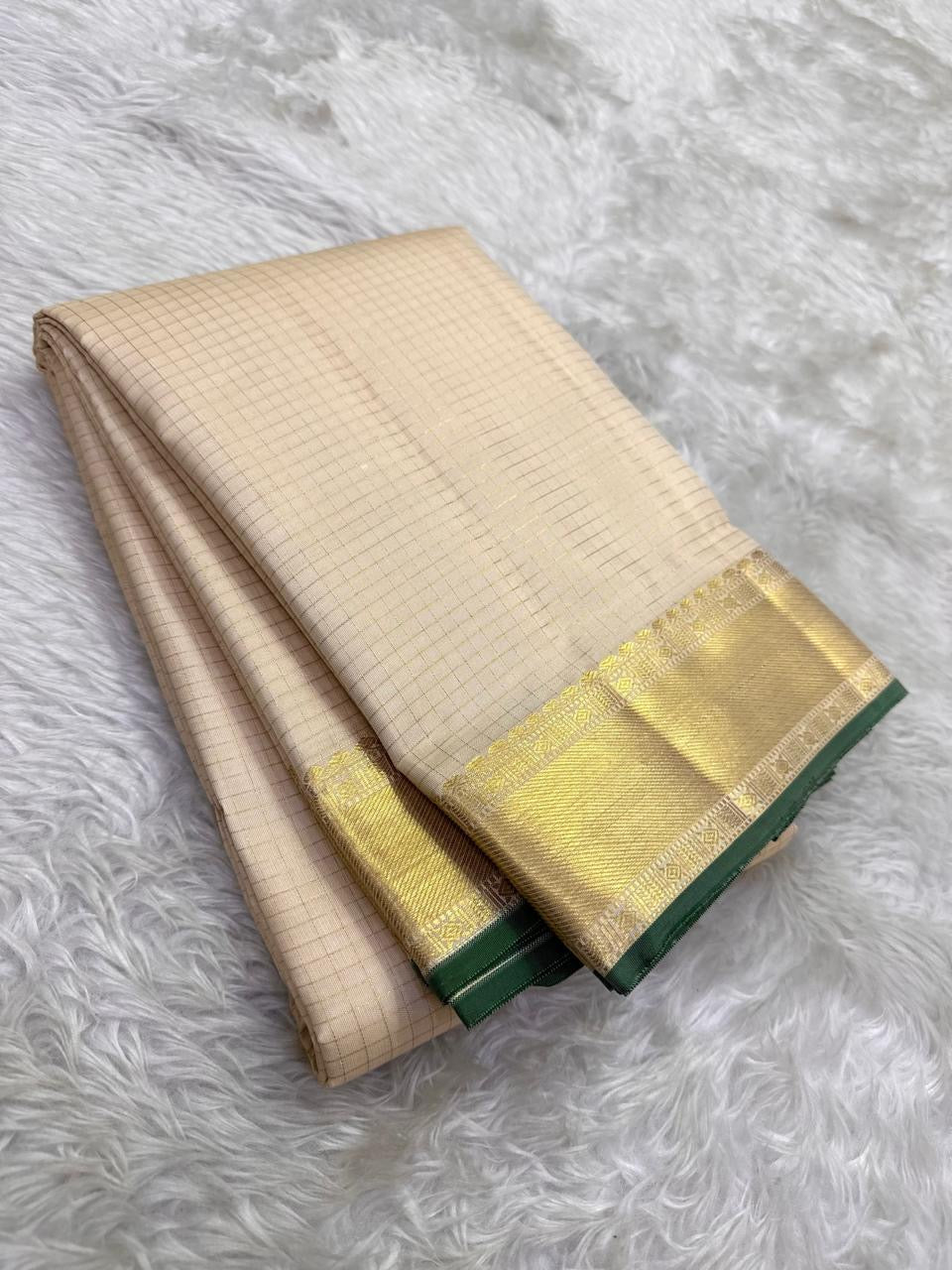 Warm Ivory Kanchi Pattu silk saree — full front view, zari kattam weave (view 2) — Idam Living