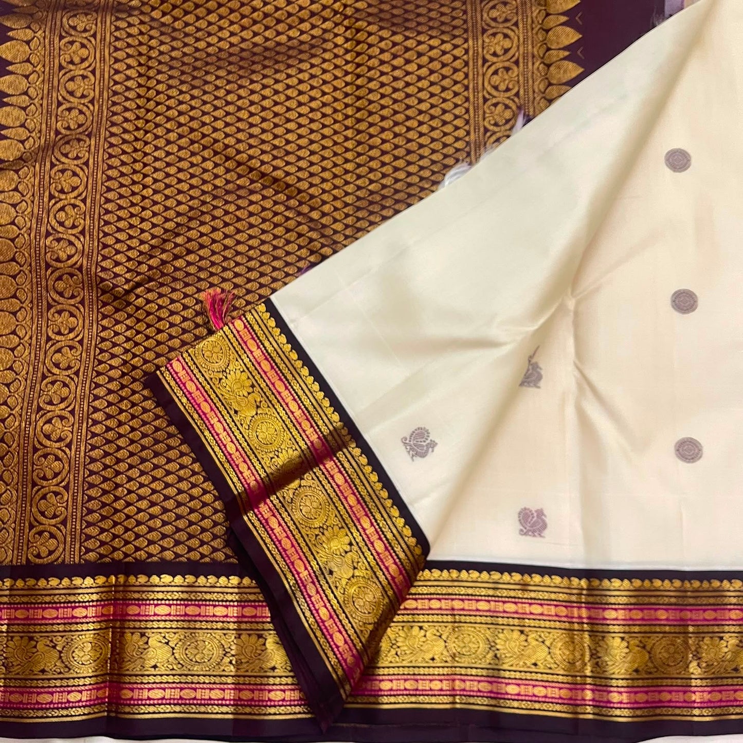 Warm Ivory Pure Silk Kanchipuram Saree | Butta | Aubergine Zari Border