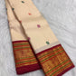 Warm Ivory Handwoven Pure Silk Kanchipuram Saree with Deep Crimson Varisaipet Border