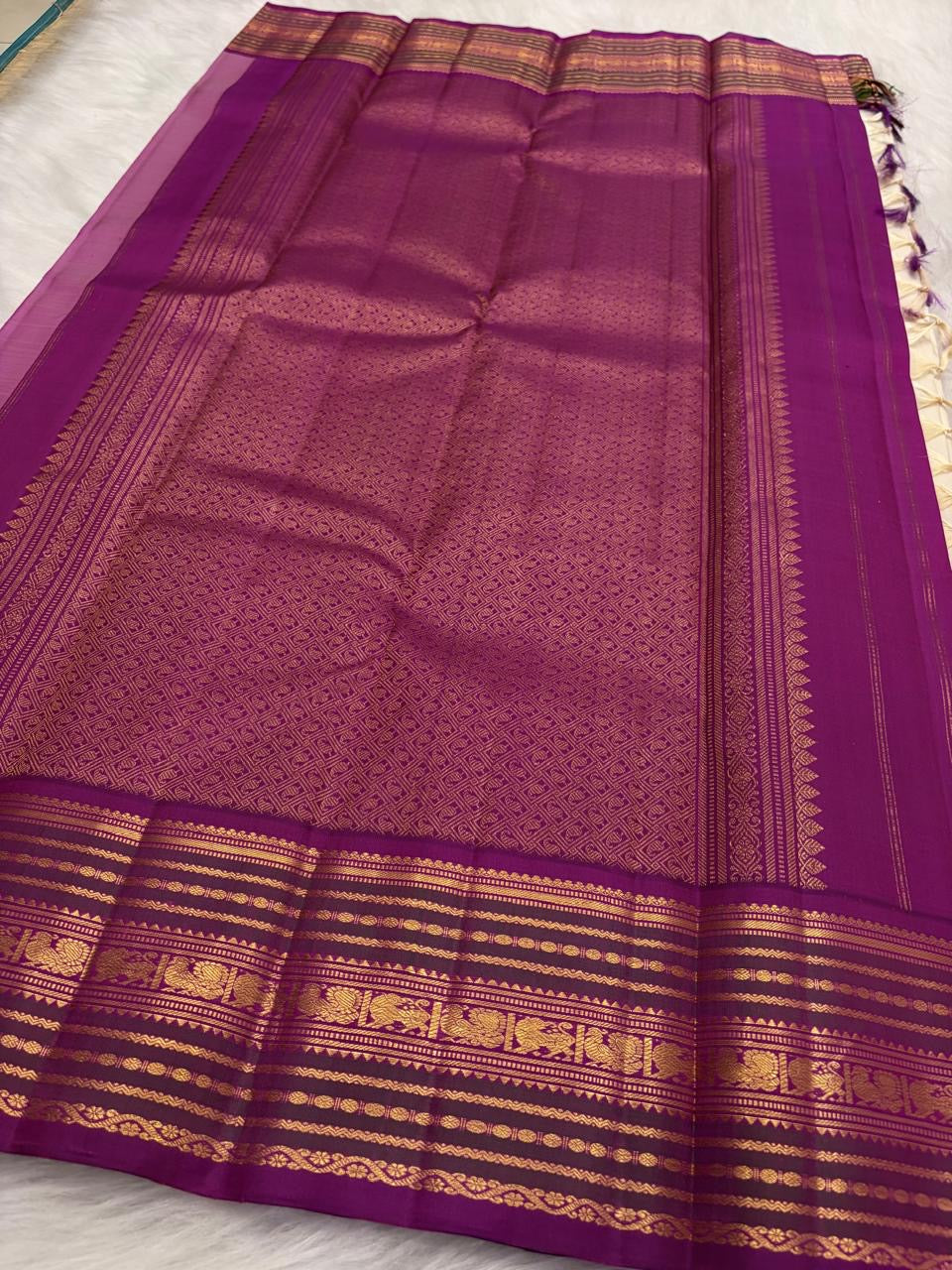 Warm Ivory Pure Silk Kanchipuram Varisaipet Saree with Vadamalli Purple Border