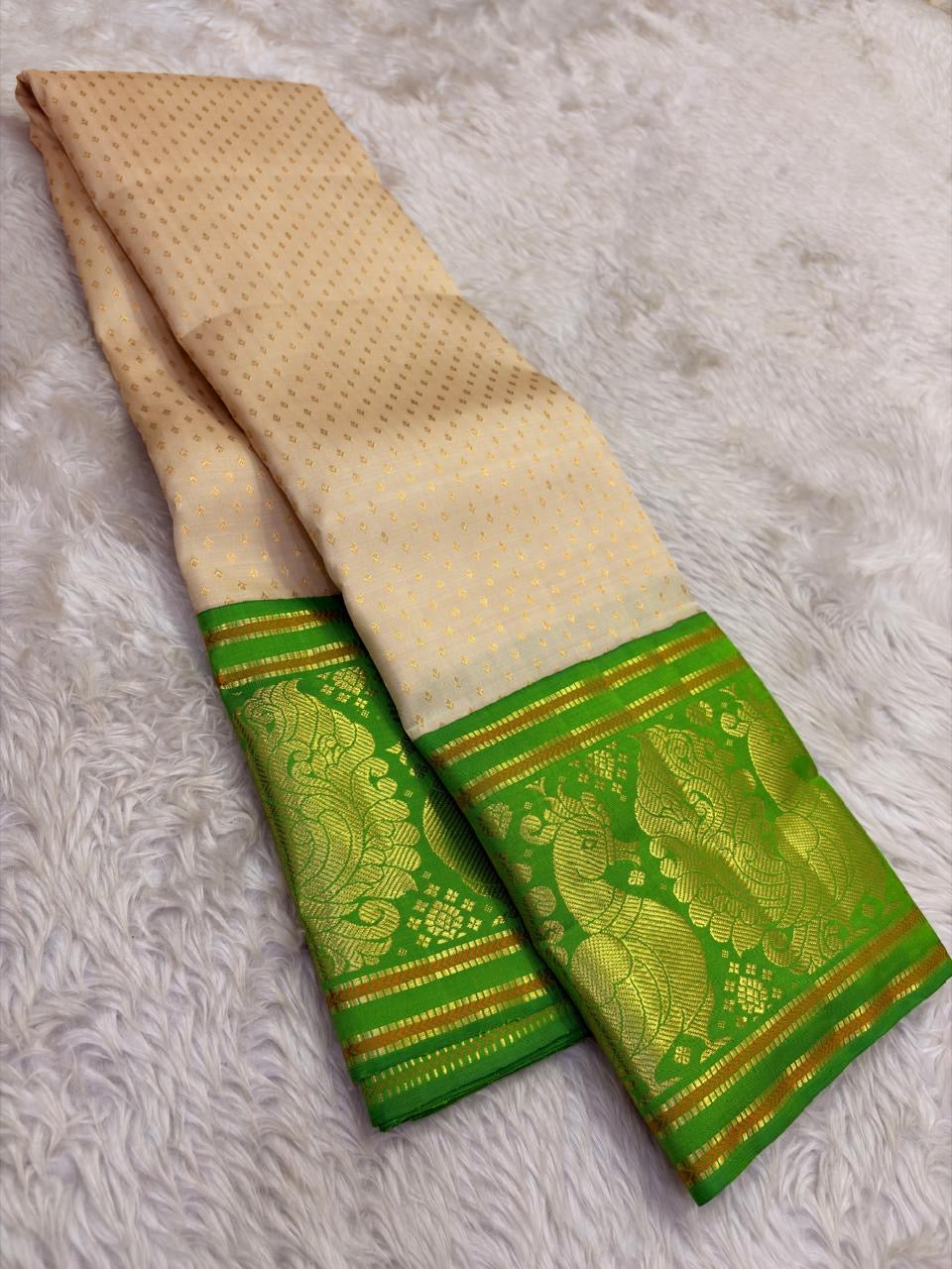 Pure Silk Kanchipuram Korvai saree with petite antique gold zari buttas