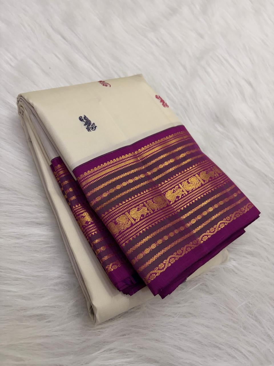 Warm Ivory Pure Silk Kanchipuram Varisaipet Saree with Vadamalli Purple Border