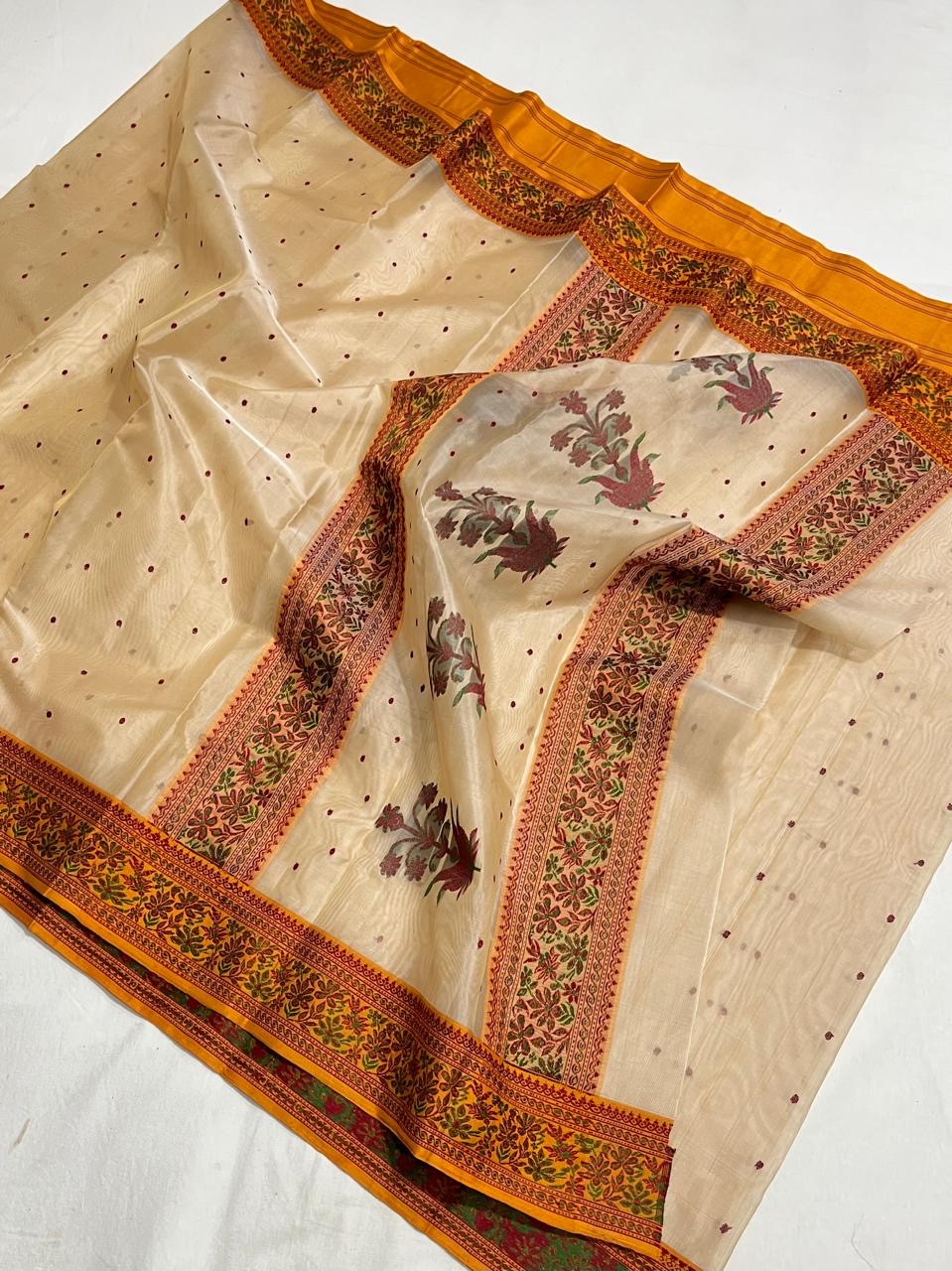 Warm Ivory Handwoven Chanderi Saree in Katan Silk with Maroon Floral Border