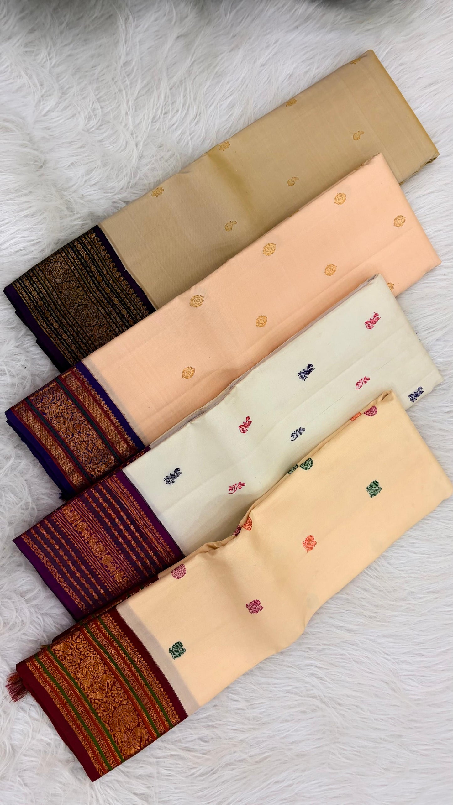 Warm Ivory Pure Silk Kanchipuram Varisaipet Saree with Vadamalli Purple Border