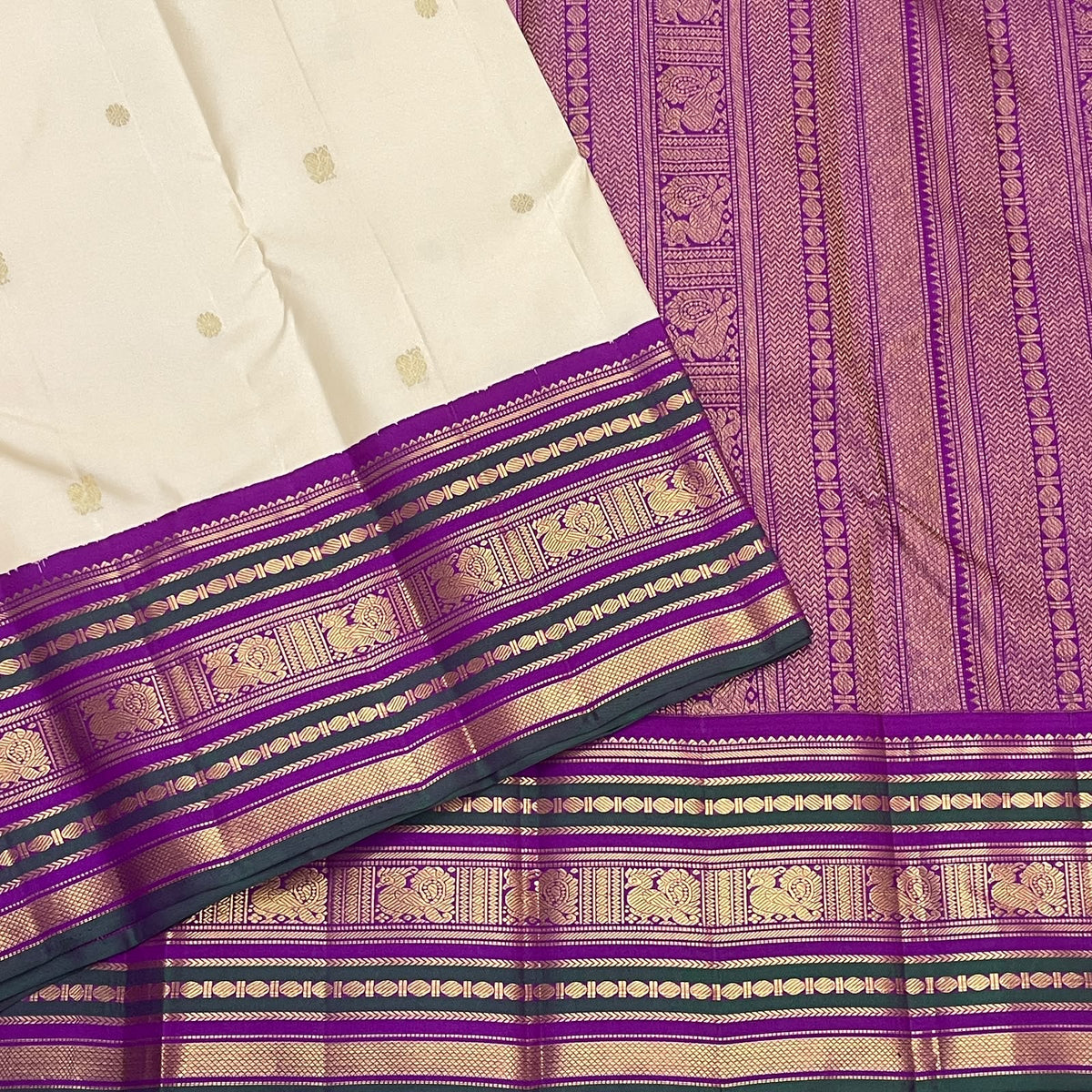 Warm Ivory Pure Silk Kanjivaram Korvai saree with broad Royal Purple zari border