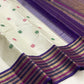 Handwoven ivory Kanchipuram silk saree with pink and green silk thread buttas