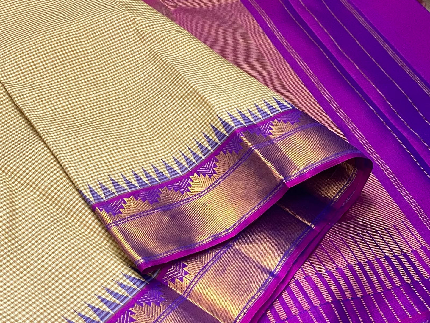 Warm ivory taupe Kanchi Kattam saree with Pillayar Reku border, close-up