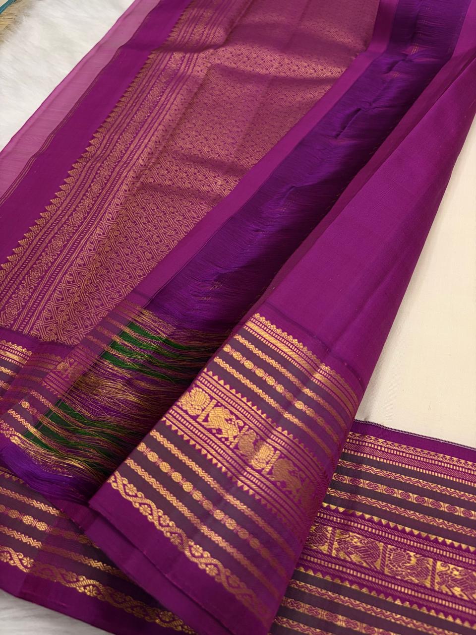 Warm Ivory Pure Silk Kanchipuram Varisaipet Saree with Vadamalli Purple Border