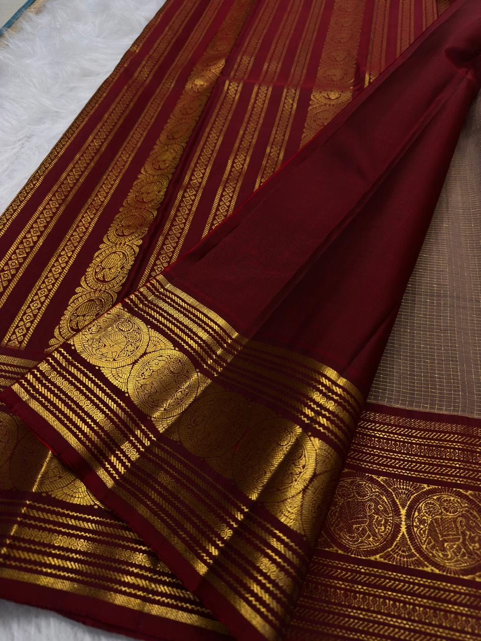 Warm Sand Beige Pure Silk KanchiPattu Zari Kattam Saree - maroon heritage border detail