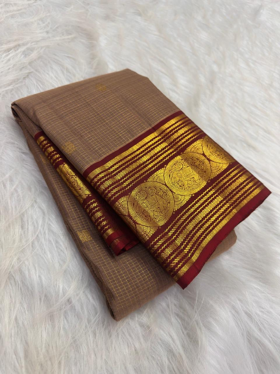 Warm Sand Beige Pure Silk KanchiPattu Zari Kattam Saree - full saree view
