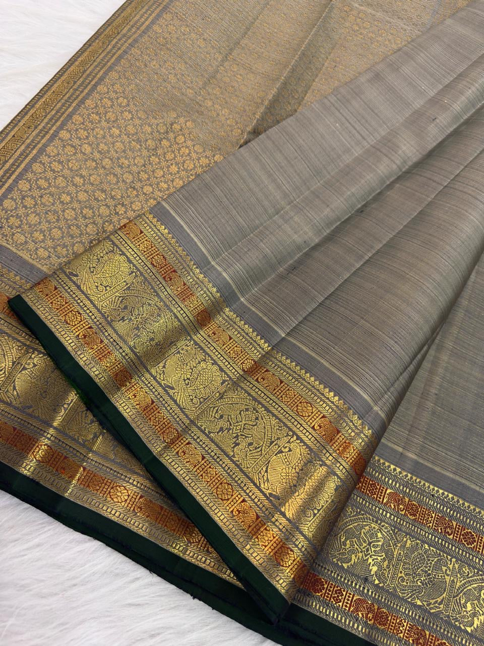 Warm Sand Beige pure silk Kanchipuram saree — vairaoosi, full drape