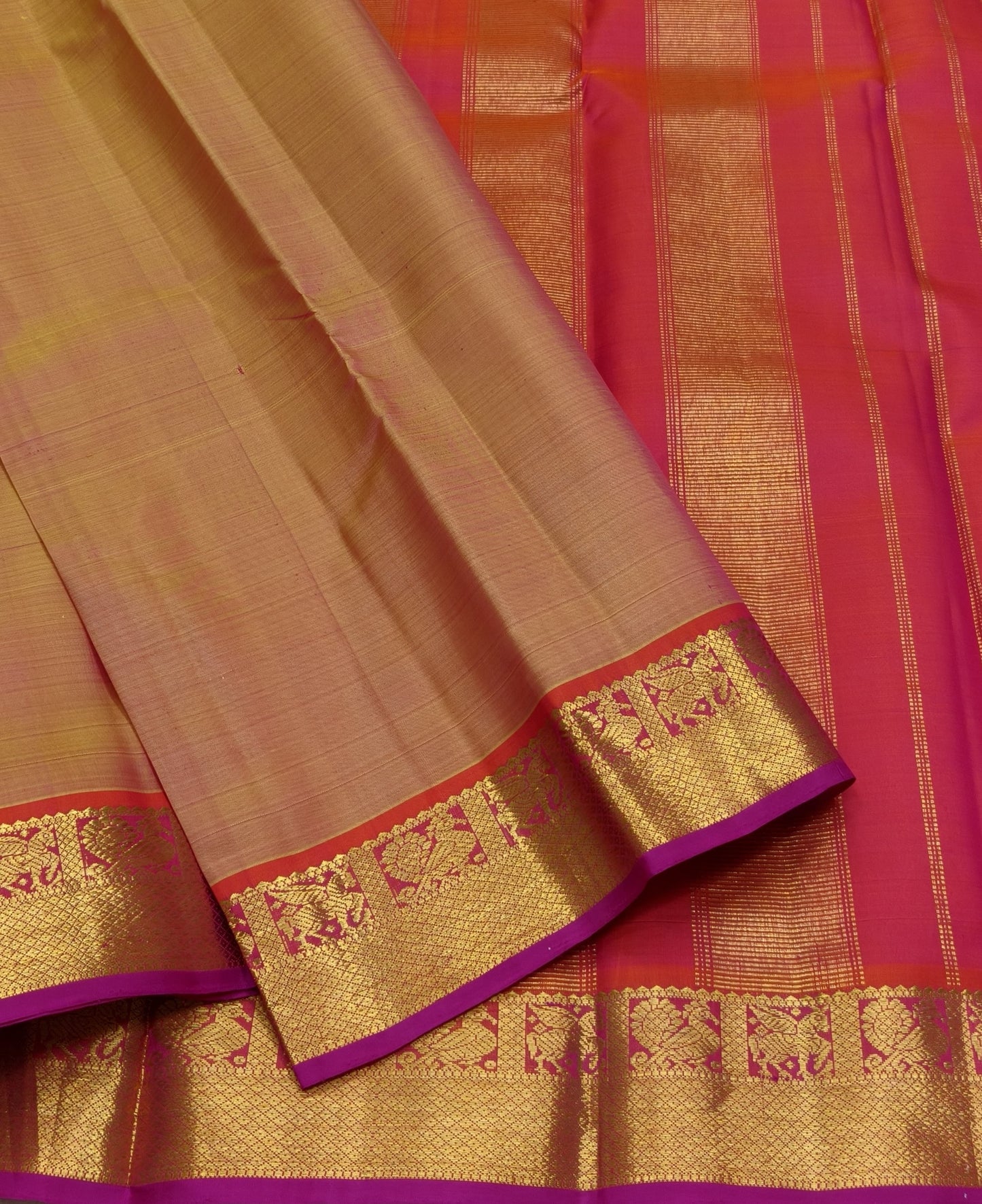 Warm sandal gold handwoven pure silk Kanjivaram saree with fuchsia pink korvai border – Idam Living