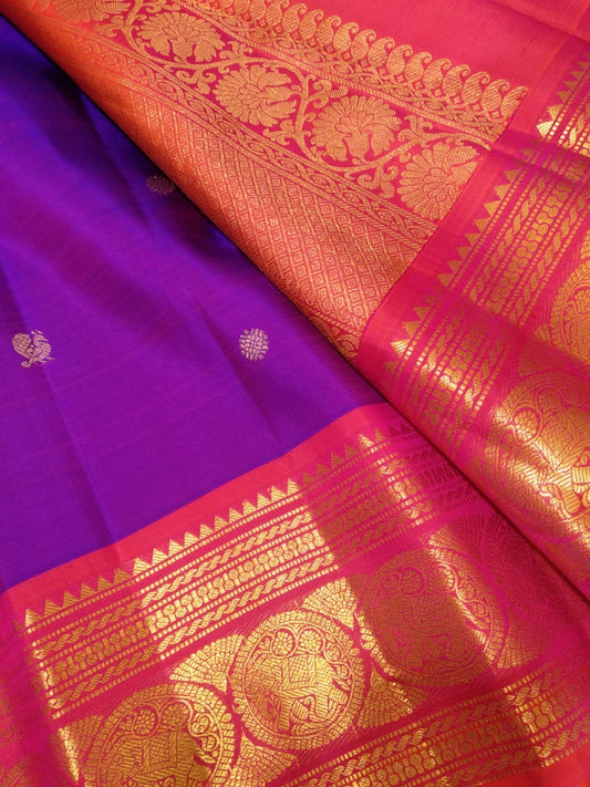 Royal amethyst Kanjivaram silk saree with richly woven sorgavaasal yaanai motifs