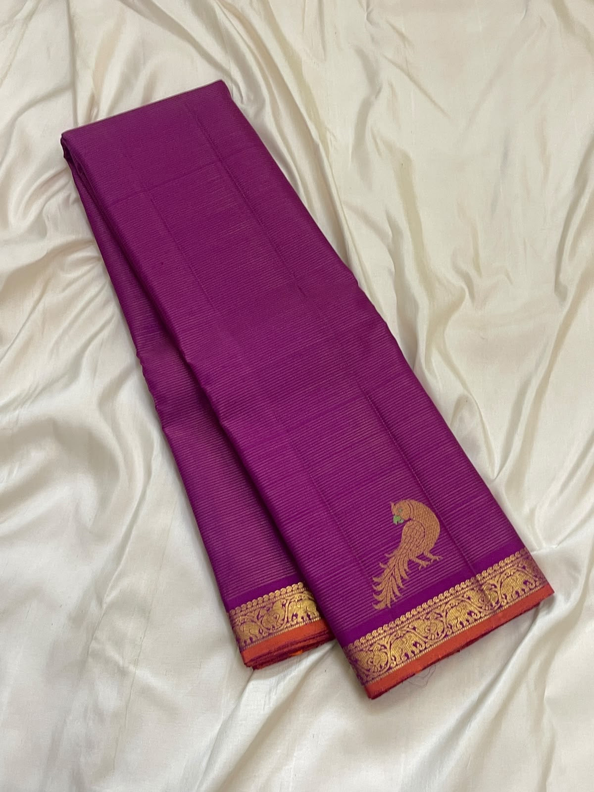 Gold zari lattice seer pallu with Kili birds on a Vadamalli purple pure silk Kanjeevaram saree