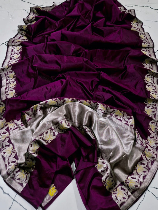 Wine Blossom Pure Silk Chanderi Saree drape showcasing Antique Silver Border