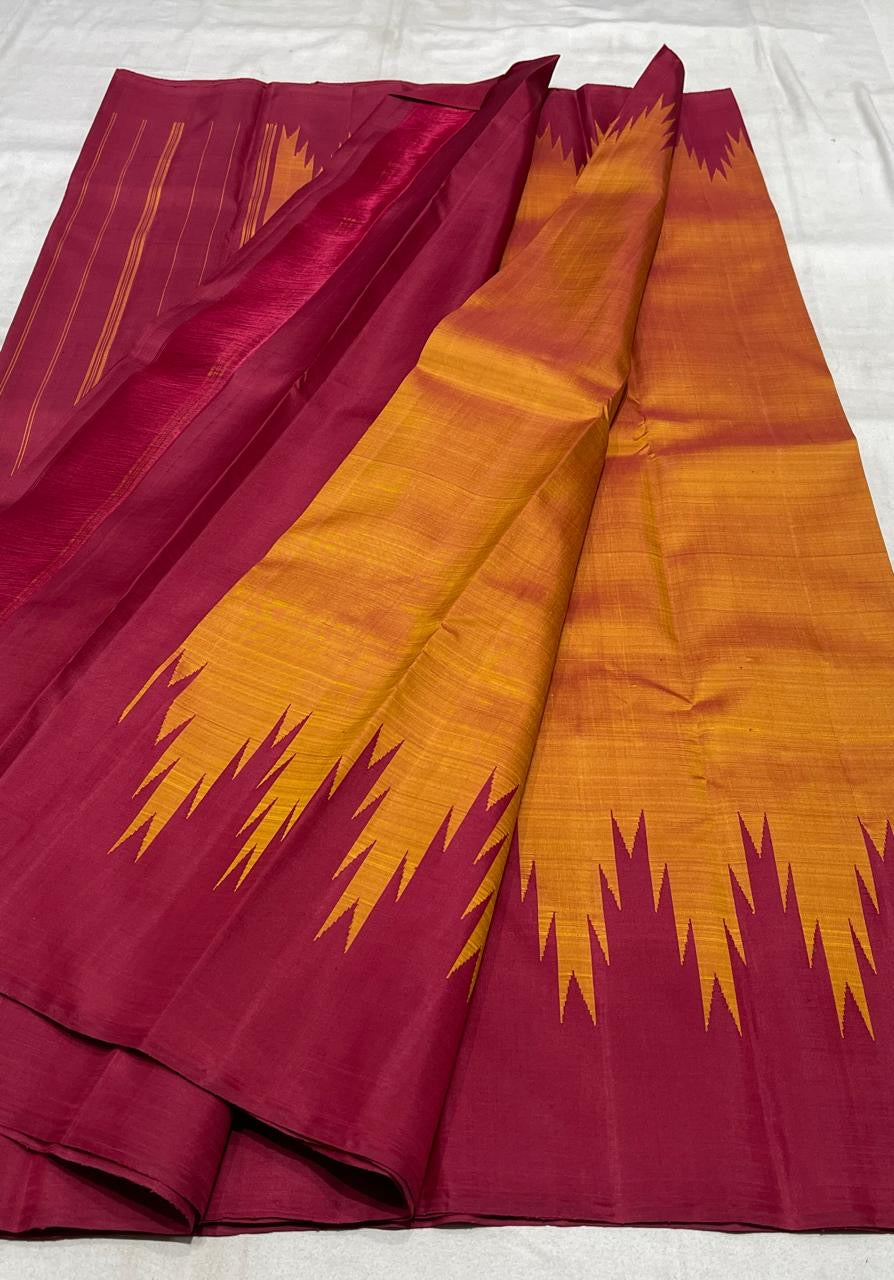 Kanchipuram silk saree in maroon with mustard border Thazhampoo Reku weave folded view