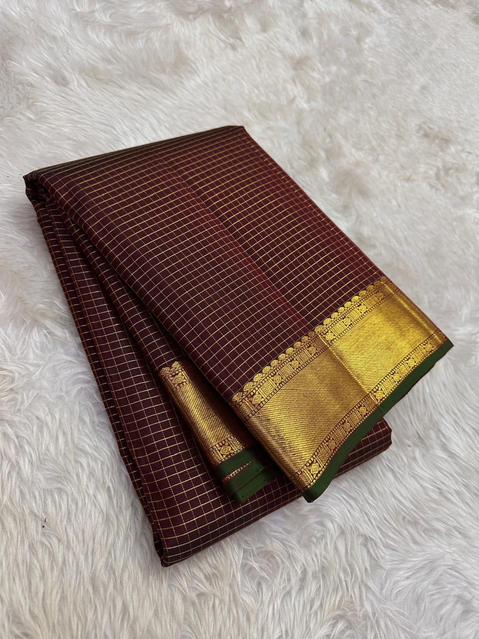 Burgundy deep coffee brown Zari Kattam pure silk Kanjeevaram saree with antique gold zari border — full overview, Idam Living