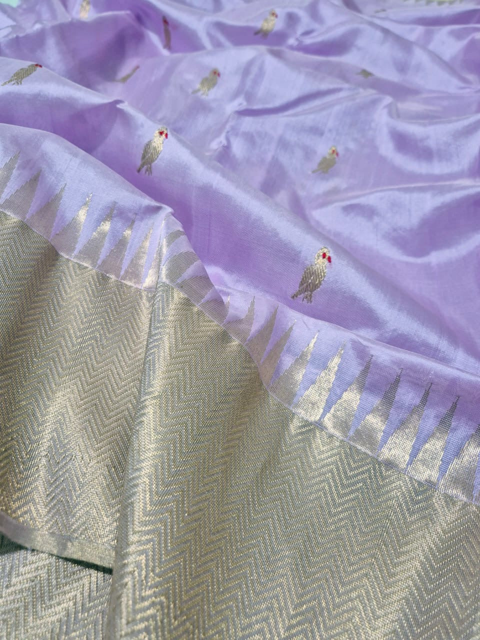 Wisteria lavender Minakari parrot Pattu Silk Chanderi saree by Idam Living