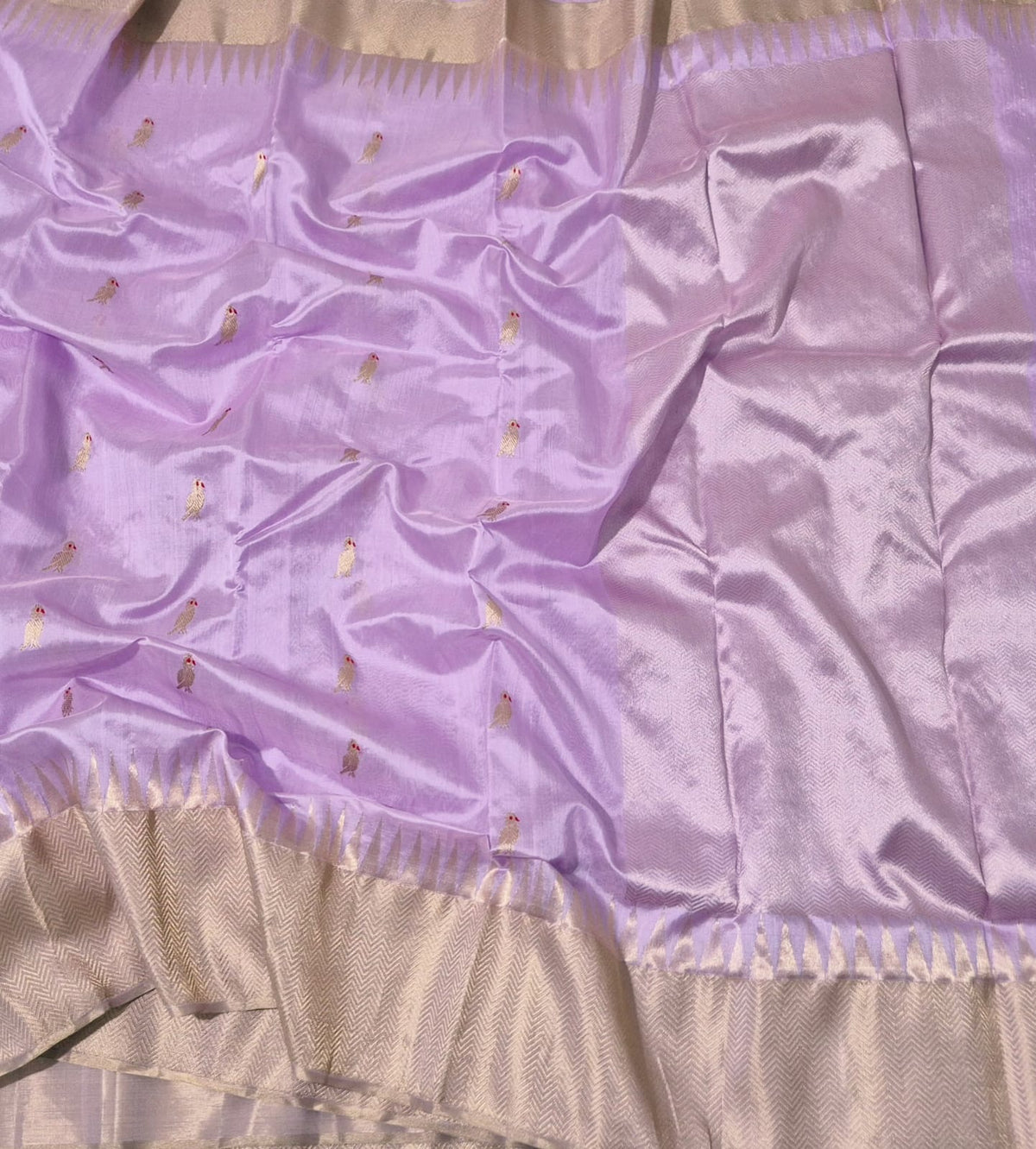 Wisteria lavender handwoven Pattu Silk Chanderi saree with parrot buttas