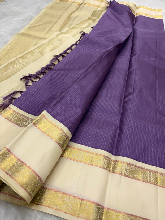 Wisteria Handwoven Pure Silk Kanjeevaram Saree with Ivory Zari Kattam Rettapet Border