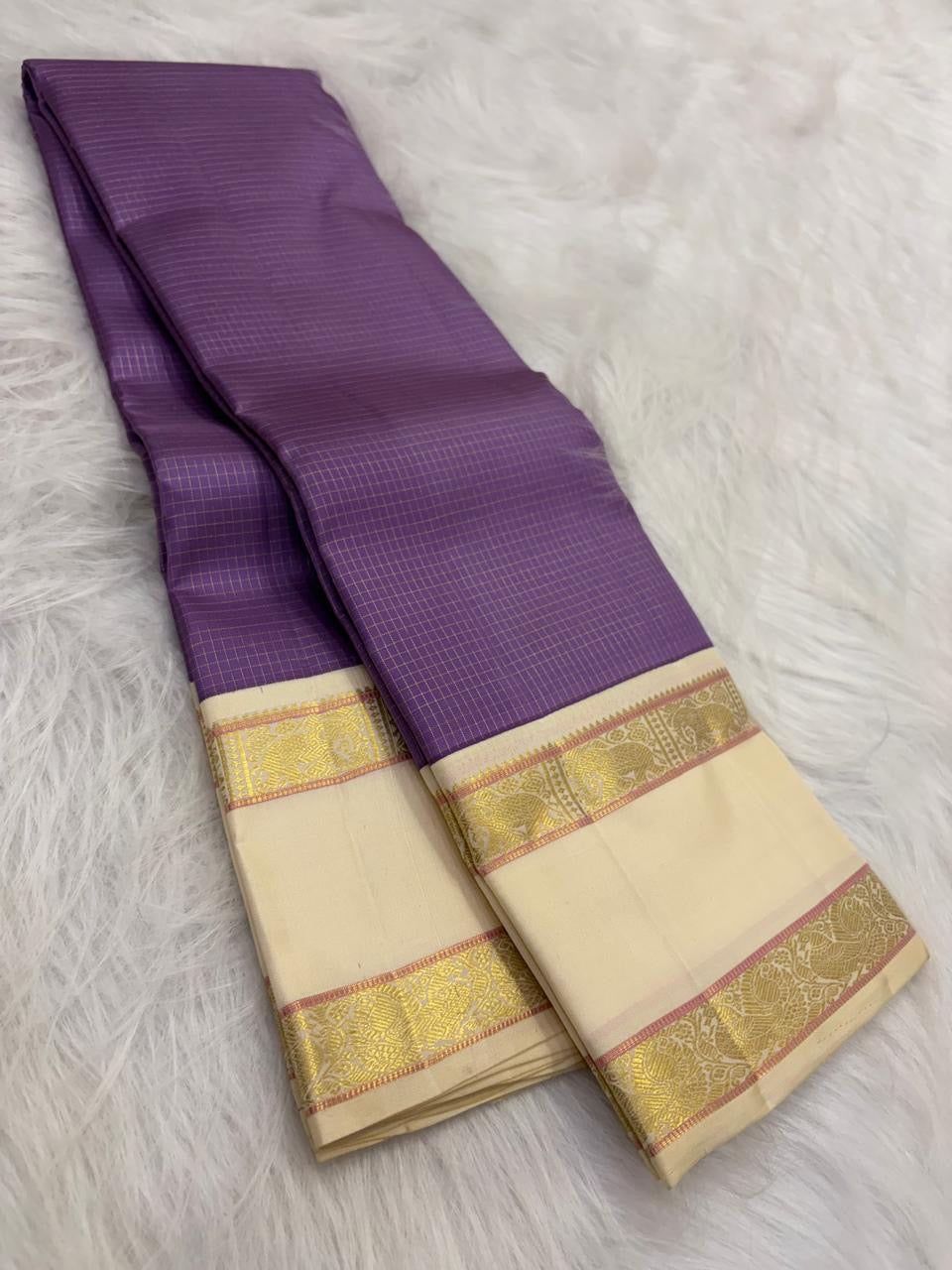 Wisteria Handwoven Pure Silk Kanjeevaram Saree with Ivory Zari Kattam Rettapet Border