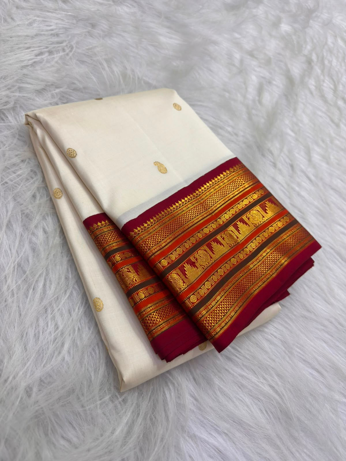 Yaanai Ambari elephant panel detail, warm-ivory Kanchipuram Korvai saree — Idam Living