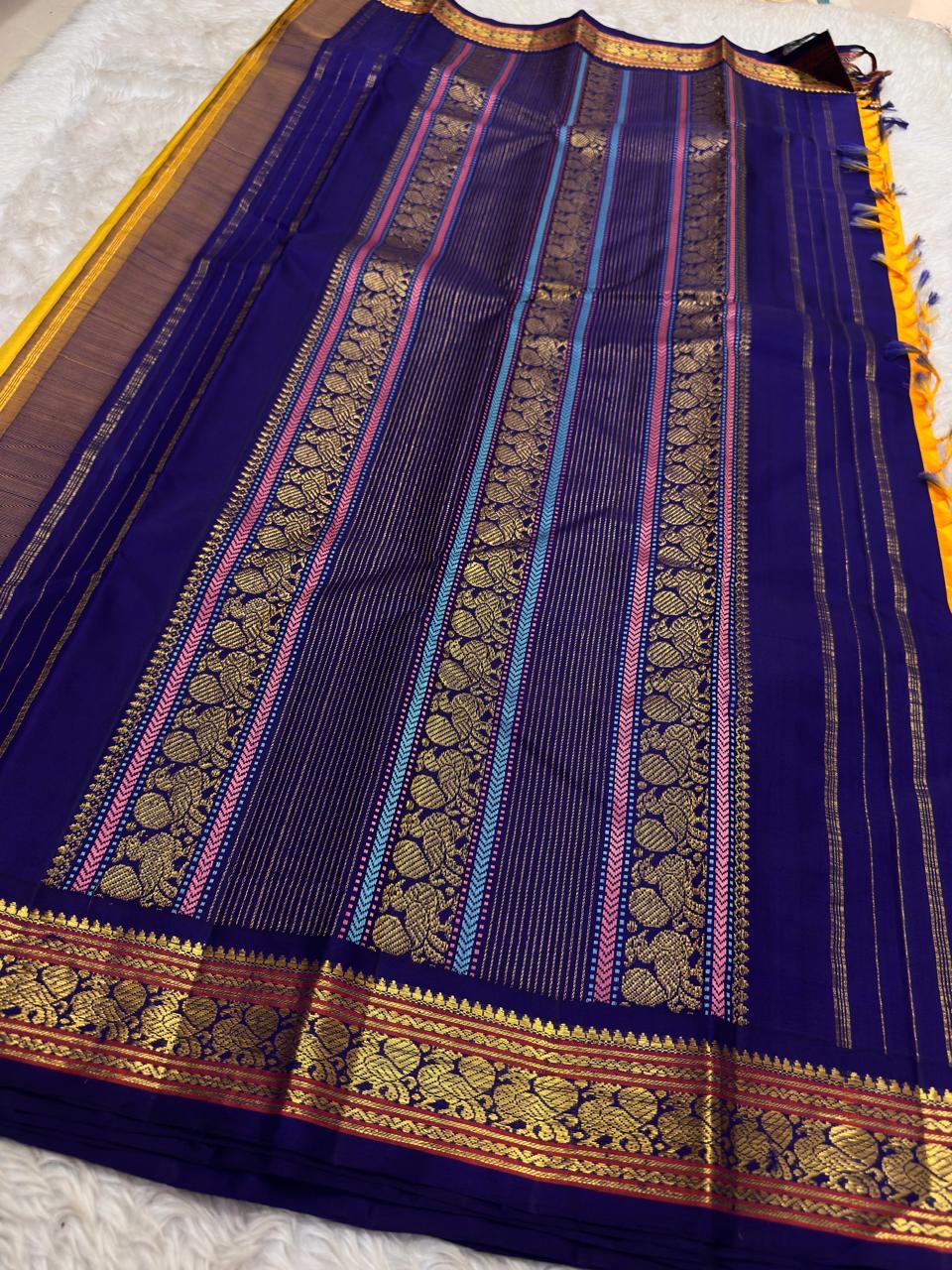 Canary Yellow and Violet Korvai Kanchi Pattu Silk Saree with Maanga Butta and Yaanai Border