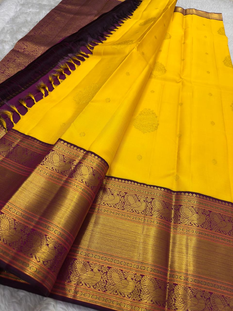 Golden Yellow Handwoven Pure Silk Kanchipuram Saree with Aubergine Korvai Border