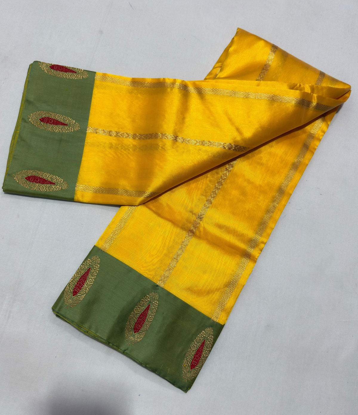 Yellow and olive-green Chanderi silk saree