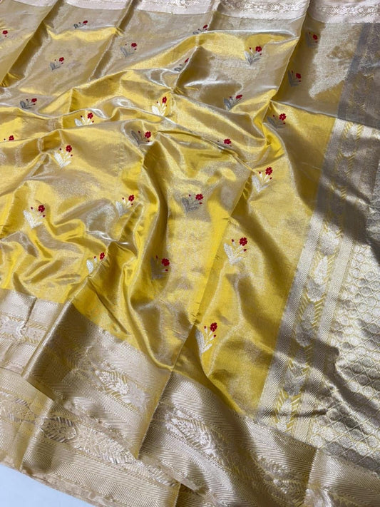 yellow pure silk chanderi saree close view of silk texture and restrained zari