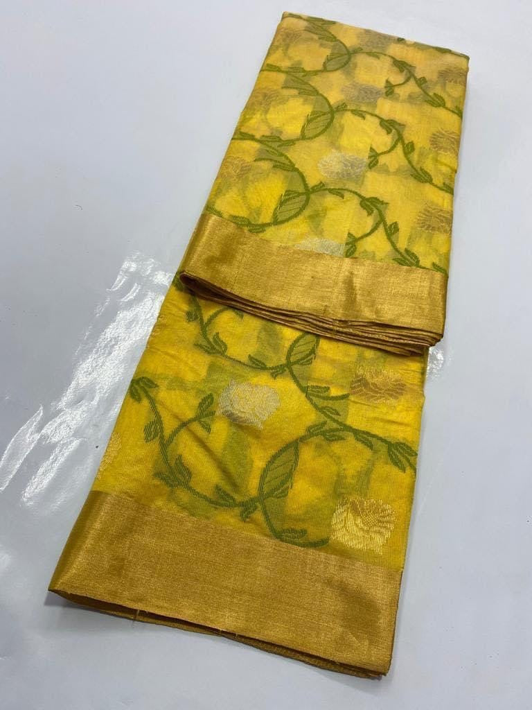 Yellow and green woven handloom Chanderi silk saree