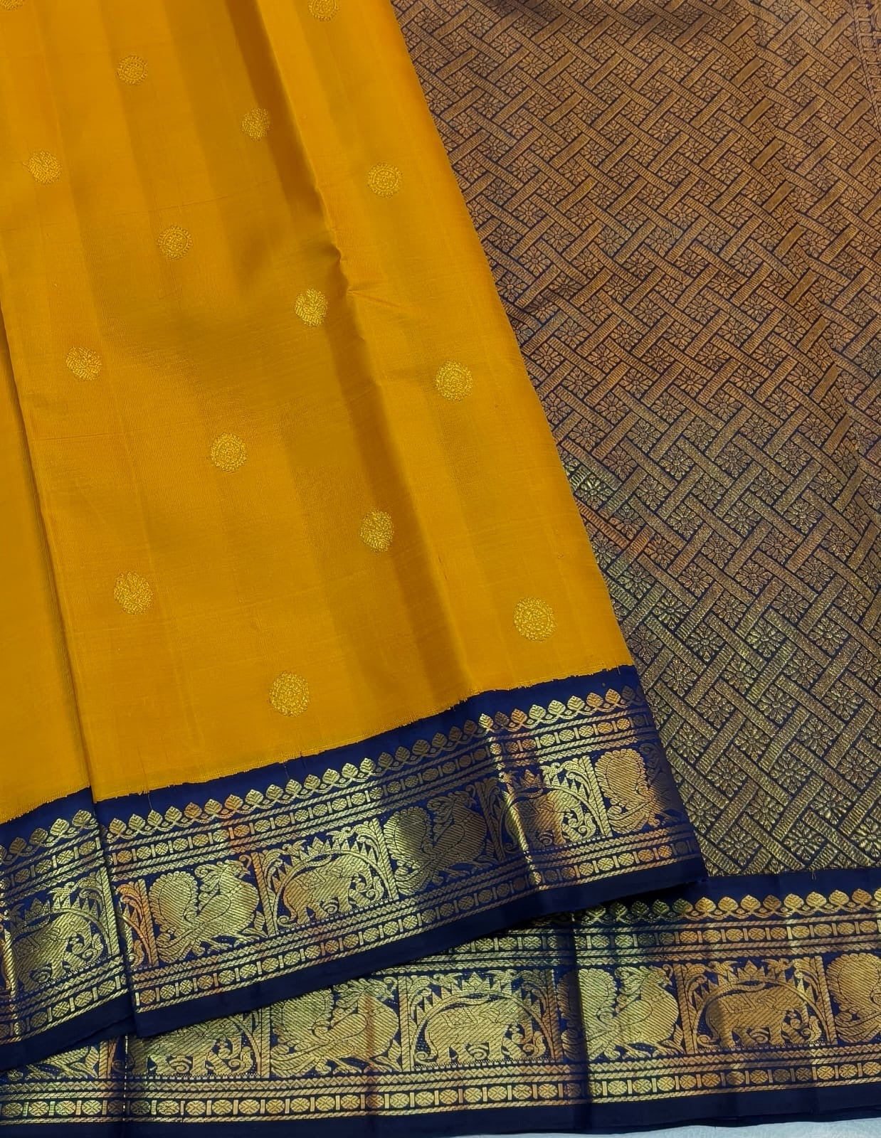 Golden Yellow Handwoven Pure Silk KanchiPattu Saree with Navy Korvai Zari Border