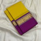 Folded pure Kanchipuram silk saree in bright yellow with wide purple border and gold zari woven motifs