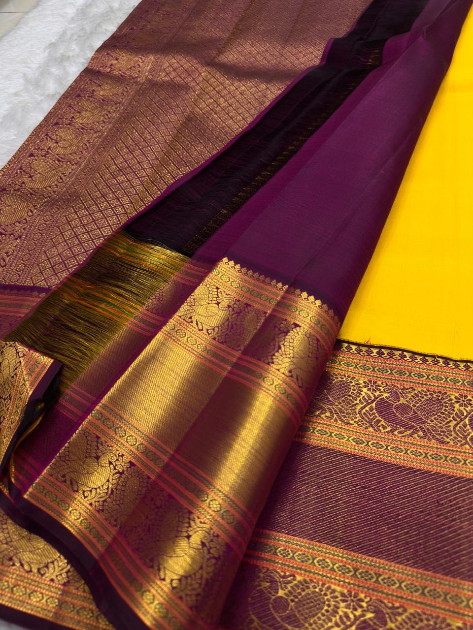 Golden Yellow Handwoven Pure Silk Kanchipuram Saree with Aubergine Korvai Border