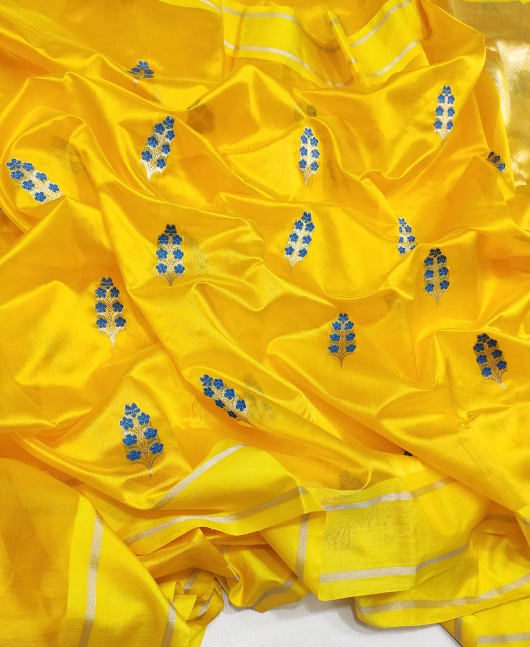 Yellow Pattu Silk Chanderi saree with scattered floral sprig buttas
