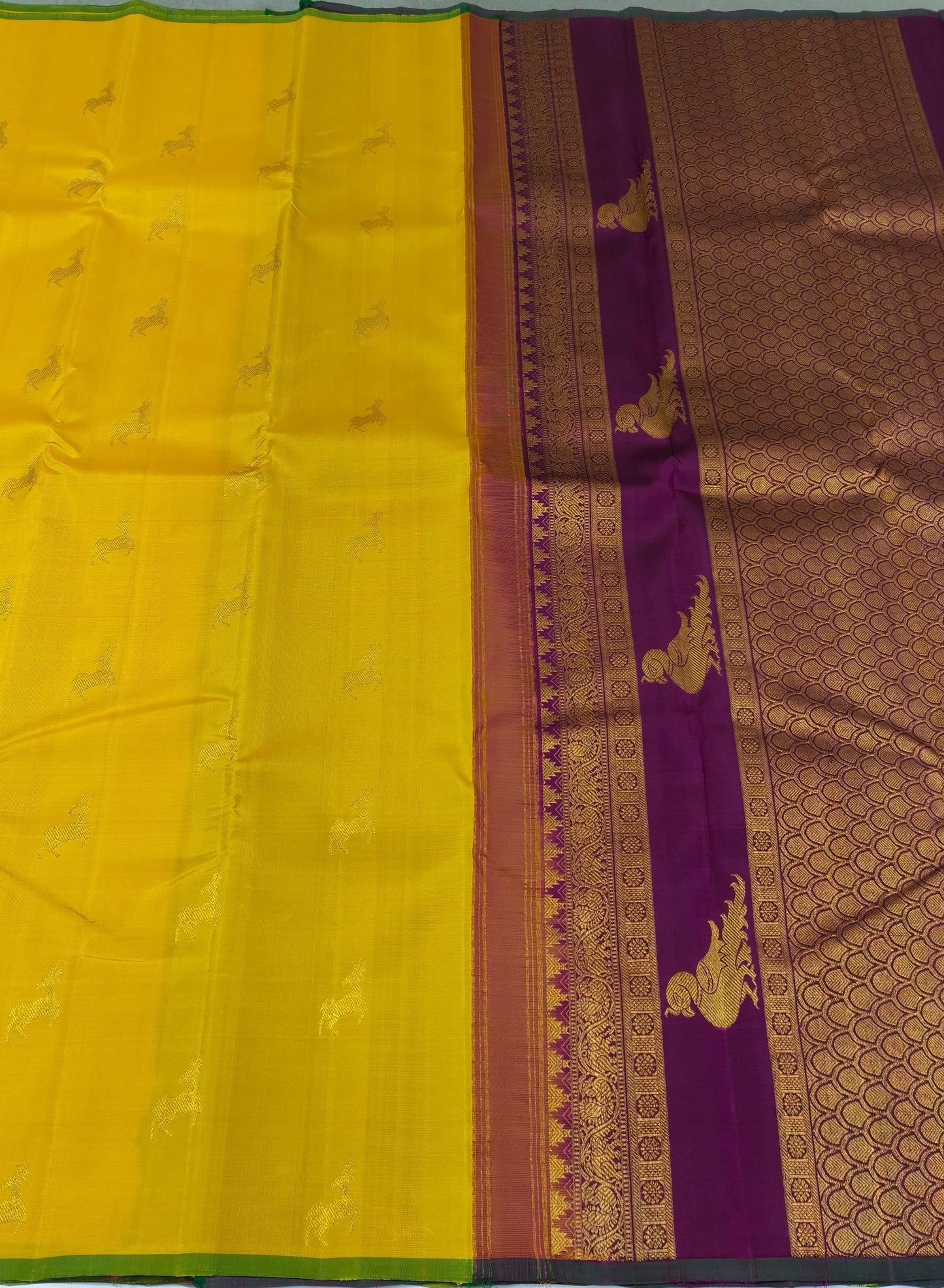 Yellow and Purple Handwoven Pure Silk Kanchipuram Saree with Deer Butta Motifs