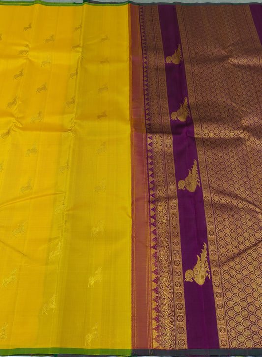 Yellow and Purple Handwoven Pure Silk Kanchipuram Saree with Deer Butta Motifs