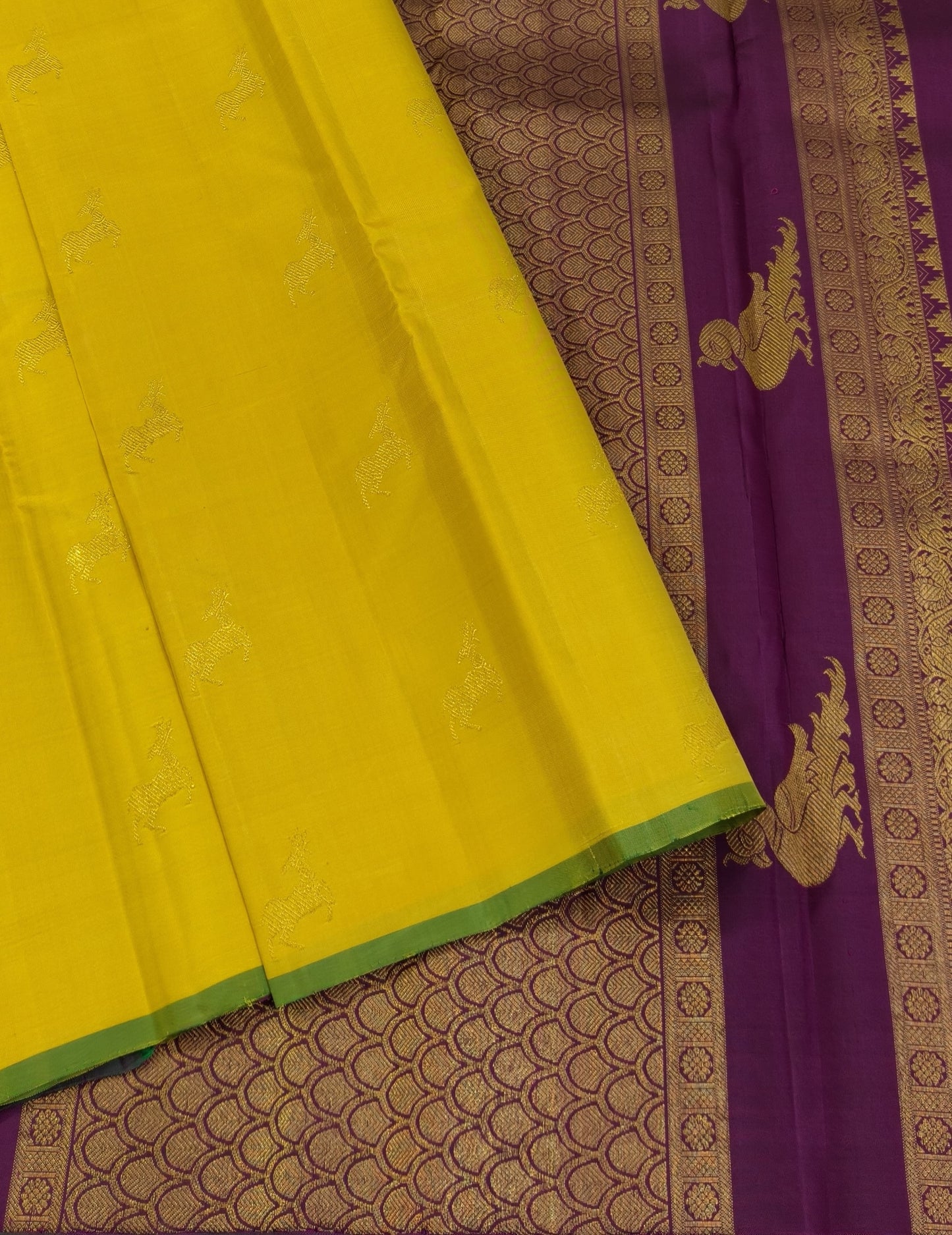 Yellow and Purple Handwoven Pure Silk Kanchipuram Saree with Deer Butta Motifs